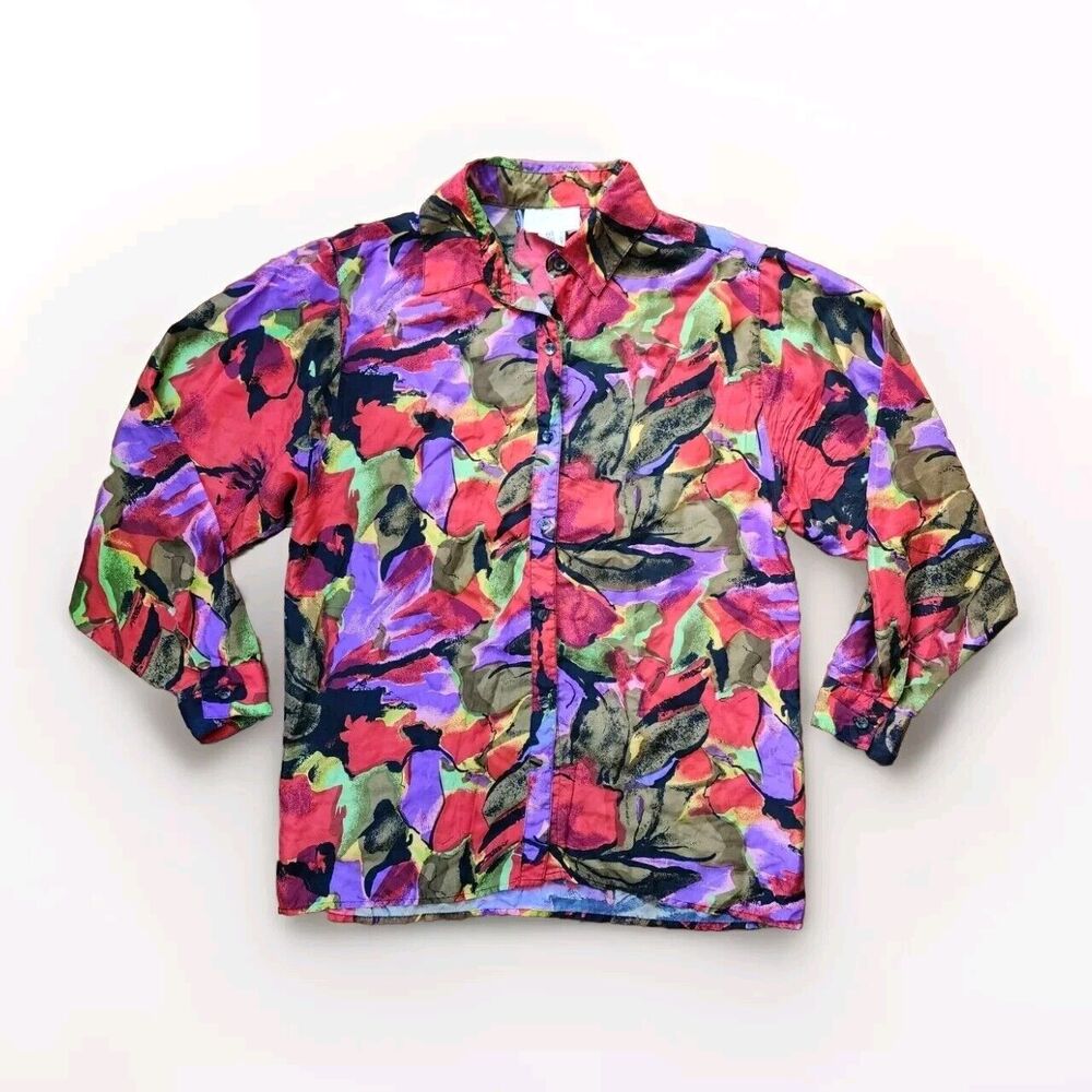 Vintage S.I.K.Y. 100% Silk Blouse Colorful Abstract Floral - Size Medium